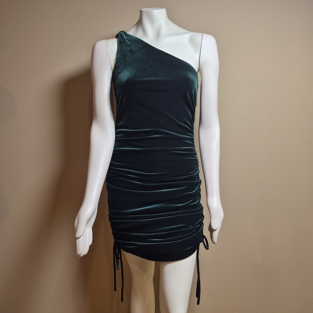House of Harlow 1960 Emerald Green Velvet One Shoulder Ruched Mini Dress XS